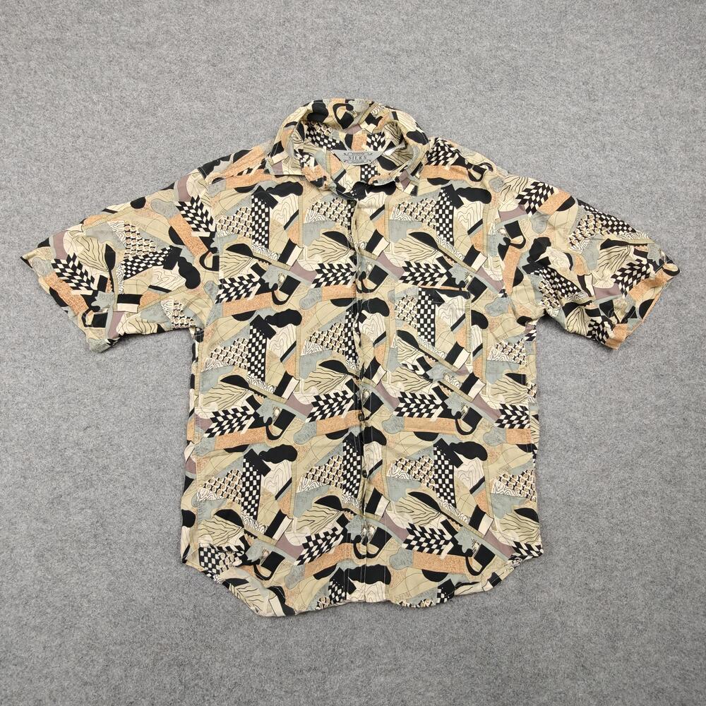 SILKS Shirt Mens Medium Beige Silk Short Sleeve Button-Up Graphic Vintage